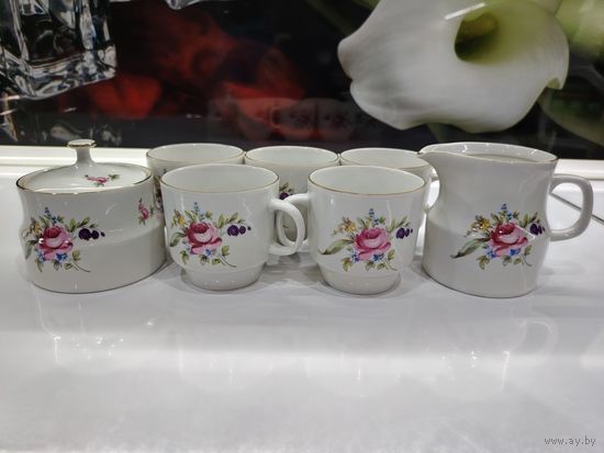 С 1 рубля!!! Чайный сервиз-Сахарница, Молочник Чашки. Чехословакия. Винтаж, фарфор.