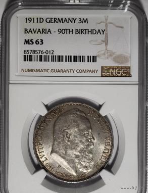 3 марки 1911 Луитпольд Баварский ms 63 NGC