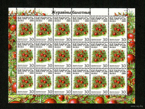Беларусь. 2004. Стандарт. Клюква болотная 30р. Лист 6х3