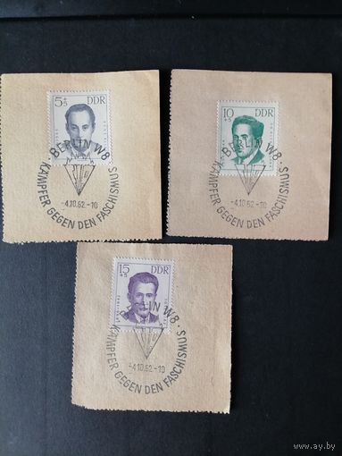 ГДР 1962 Полная серия марок на вырезках "Сохранение памяти героев антифашистов" (спецгашение) Mi.918-922 каталог 6.50 евро