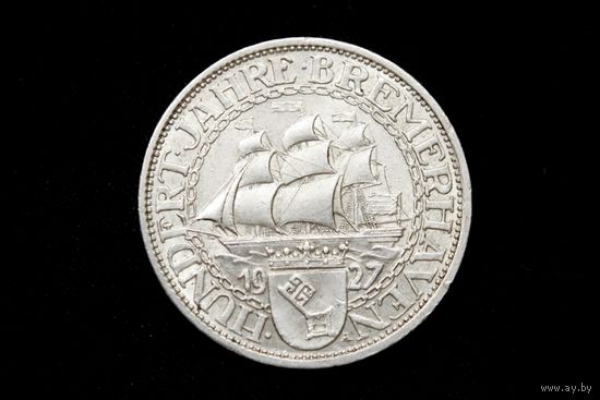 3 марки (рейхсмарки) 1927 г. Веймарская республика (Германия), Пауль фон Гинденбург. "100 лет Бремерхафену". Штемпельный блеск!