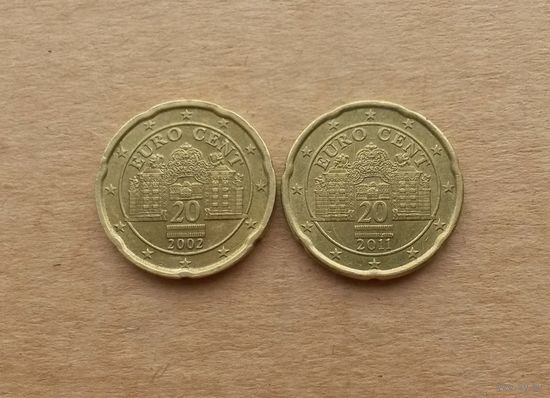 Австрия, 2 х 20 евроцентов 2002 и 2011 гг., 2 разновидности карты Европы