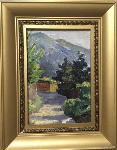 Ковалёв А.Ф. Утро в горах.Новый Афон.Картон,масло.1970г. Размер 25х32 см.