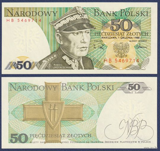 Польша, 50 злотых 1988 г, P-142c (HB, генерал Кароль Сверчевский), UNC