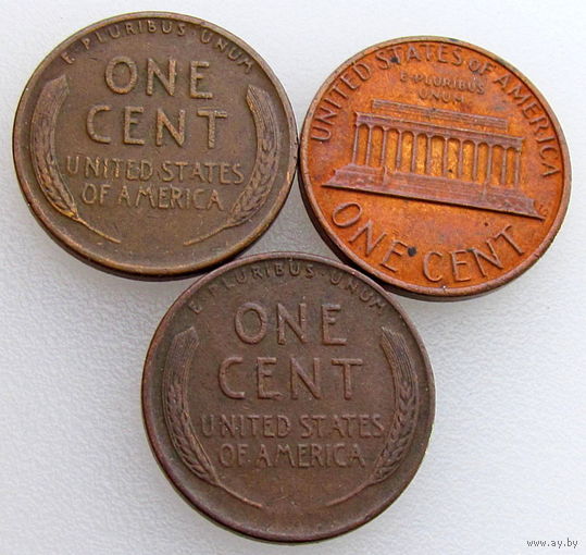 США, 3 монеты 1 цент 1944S, 1944D (Пшеничный цент) и 1982 (Мемориал Линкольна), состояние XF