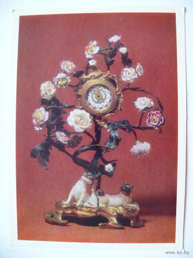 Открытка. Часы с мопсиками, 1980, чистая.