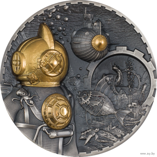 RARE Острова Кука 20 долларов 2022г. "Стимпанк. Steampunk. Наутилус". Монета в капсуле; подарочной рамке - футляре; сертификат; коробка. СЕРЕБРО 93,30гр.(3 oz).