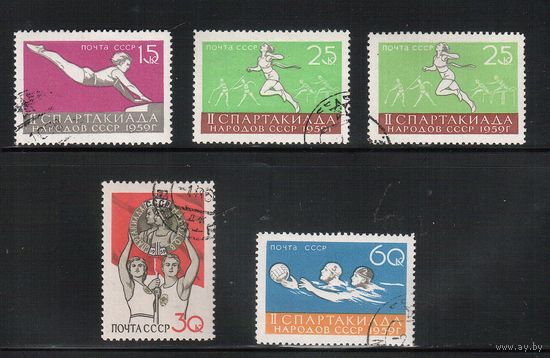 СССР-1959, (Заг.2250-2253),   гаш.(с клеем) , + 2251КА, Спорт, Спартакиада(2)