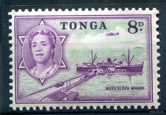 Британский протекторат - Королевство Тонга - 1953г. - ландшафты, корабль, порт королева Салоте Тупоу III, 8 P - 1 марка - MLH [Mi 108]. #4-B5-106-A-1