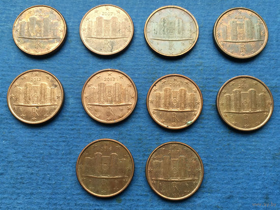 Италия 1 евроцент 2005, 2007, 2008, 2009, 2012, 2013, 2014, 2015, 2016, 2017
