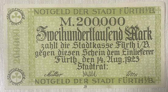 Банкнота 200000 марок 1923 год. Фюрт. Веймарская республика.