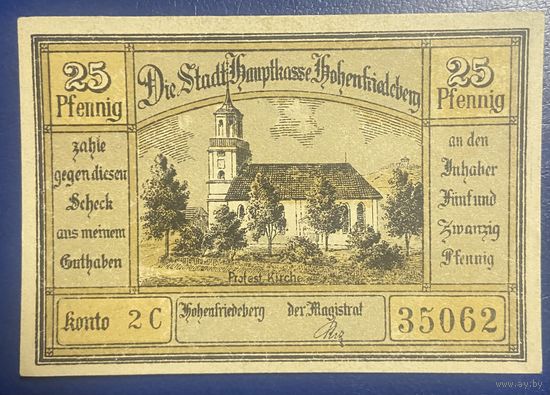 Нотгельд 25 пфеннигов 1922 год. Хоэнфридебер. Веймарская республика