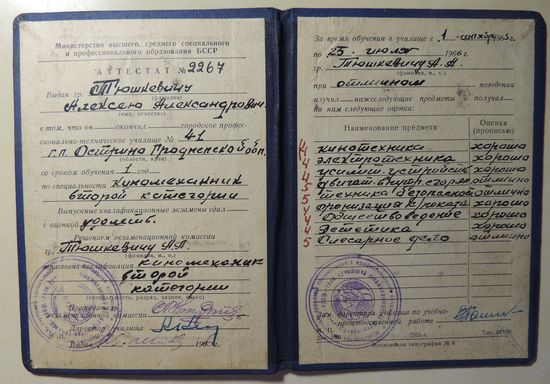 Аттестат об окончании ПТУ, 1966 г.