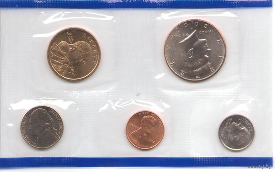 Годовой набор монет США 2002 г. с одним долларом Сакагавея "Парящий орел" двор Р (1; 10; 25; 50 центов + 1 доллар) _UNC