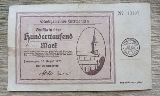 Werty71 Германия 100000 марок 1923 банкнота Furtwangen Фуртванген Баден-Вюртемберг