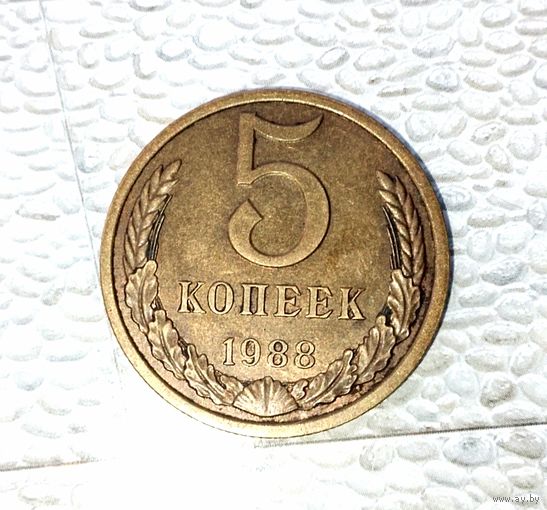 5 копеек 1988 года СССР. Очень красивая монета! Родная жёлто-золотистая патина!
