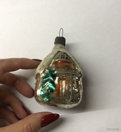 Старинная Елочная игрушка снежный Домик избушка