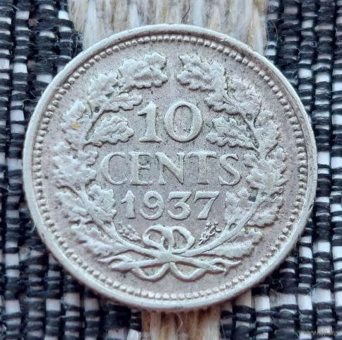 Нидерланды 10 центов 1937 года. Королева Вильгельмина. Серебро.