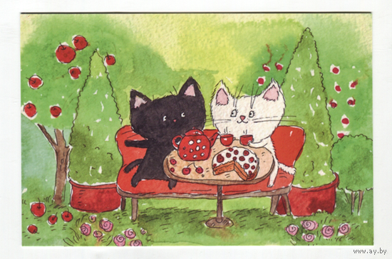 Открытка. Коты. Котики. Котята. Семья. Фауна, животные. Лето, дача, вишневый пирог, чаепитие, чайник. Худож. А.Еременко (чистая)