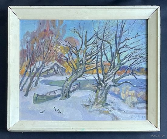 Поплавский Г.Г "Зимний пейзаж с лодкой и домиком", 2004г. Холст, акрил. Размер 40х50 см.