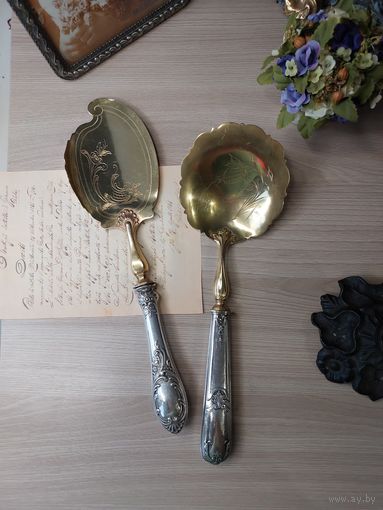 Ложка для ягод с серебряной ручкой  сервировочная лопатка и столовые приборы из золотистого металла, столовая ложка,