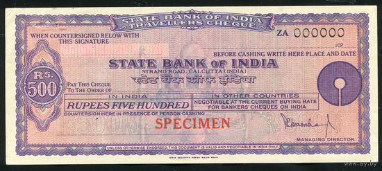 Дорожный чек 500 рупий Образец Bank of India Индия