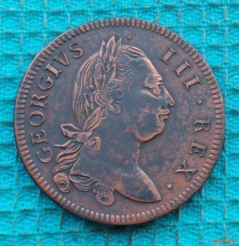 Британская губерния Ирландия 1 пени 1774 года. Король Георгий III.