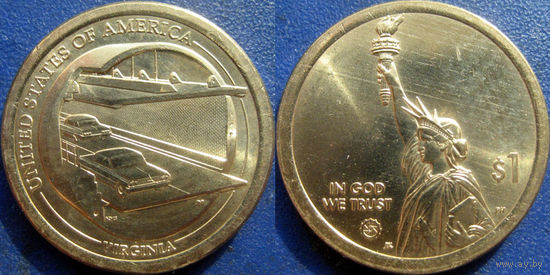 США. 1 доллар 2021. N11 Американские инновации. Мост-тоннель через Чесапикский залив. Вирджиния. Минтмарка D