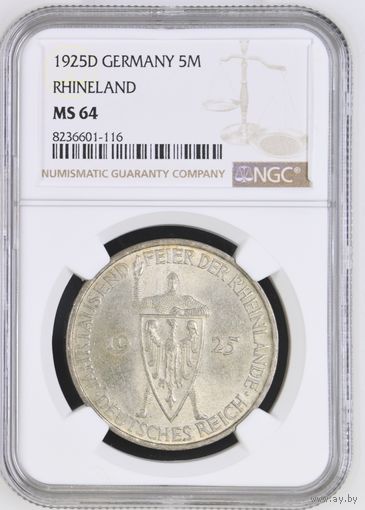 Германия. Рейланд. 5 марок 1925г D. слаб NGC MS64.