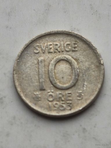 10 эре 1953 года Швеция. Серебро 400. Монета не чищена. 45216
