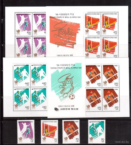 Корея Южная-1986,(Мих.1435-1438,Бл.510-513) **, Спорт, ОИ-1988 в Сеуле(полная серия)