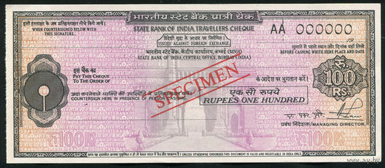 Дорожный чек Образец 100 рупий Bank of India Банк Индия