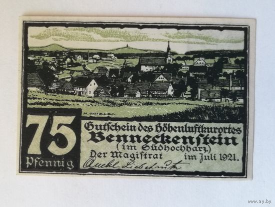 Германия, нотгельды, 75 пфеннигов 1921 год, частный выпуск для оплаты проезда из высокогорного санатория Беннекенштайн