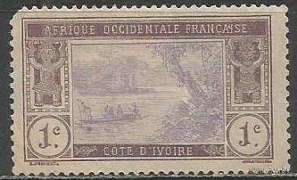 Кот д'Ивуар. Эбрис-лагуна. Каноэ. 1913г. Mi#41. Жёлтая бумага.