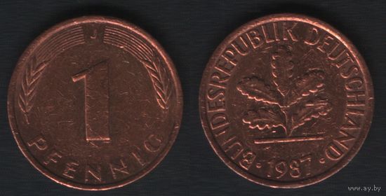 Германия km105 (ФРГ) 1 пфенниг 1987 год (J) (_3