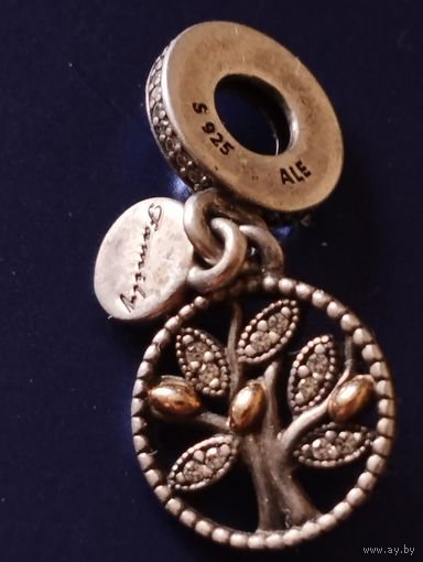 Подвеска для браслета Пандора. Серебро 925, золото 14карат, циркон.