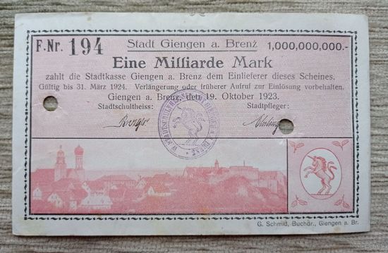 Werty71 Германия Веймар 1000000000 марок 1923 банкнота 1 миллиард гроссгельд Гинген-ан-дер-Бренц город в Баден-Вюрт