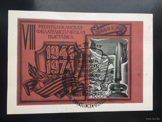 СССР 1974 год. Сувенирный листок VIII Республиканская филателистическая выставка к 30-летию освобождения БССР (со штемпелем СГ)