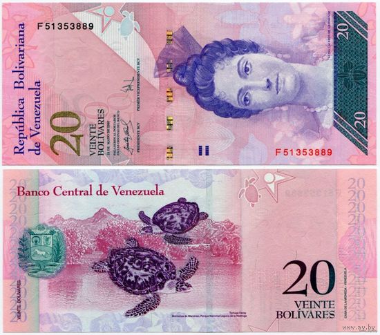 Венесуэла. 20 боливаров (образца 24.05.2007 года, P91b, UNC)