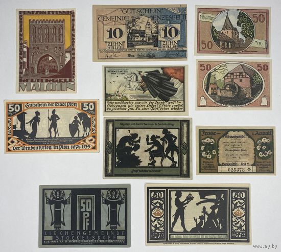 Германия, Австрия комплект нотгельдов 1920-1921 гг. 10 шт. Состояние UNC-