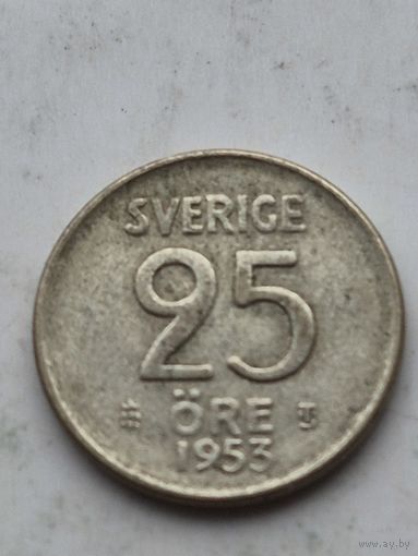 25 эре 1953 года Швеция. Серебро 400. Монета не чищена. 45217