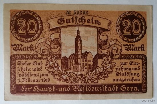 Германия 20 марок 1919 г Гера (Gera) Тисненая печать, XF-, 172.04b