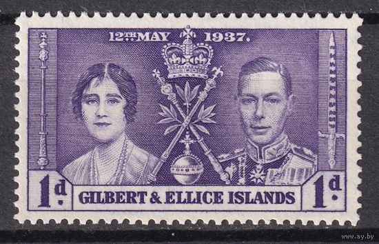 15.BrKS. Великобритания. Колонии.  Острова Гилберта и Эллис. Коронация Георга VI и Елизаветы. 1937 г. 1d. Mi.#35.