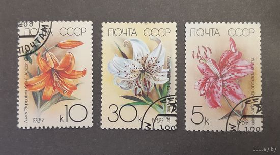 Марки. СССР. 1989 год. Флора. Цветы. Лилии (неполная серия, 3 марки из набора)