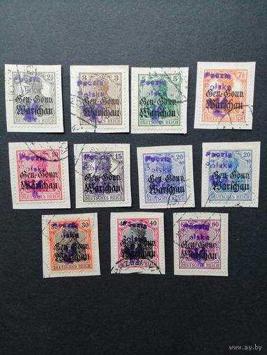 Польша 1918 Марки с надпечаткой "Poczta Polska Brzeziny" на вырезках с марками Германии 1914/1918 годов выпуска оккупационной дирекции в Варшаве Mi.6-10,12-16 (гашение BRZEZINY) каталог 20.00 евро