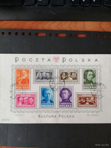 Польша 1948 Блок MI.10 с марками "Выдающиеся деятели культуры и науки Польши" (гашение без клея, есть след от гашения, и складки от снятия с конверта ) Mi.486ABCDEFGH каталог 400.00 евро