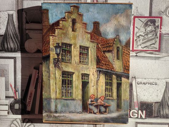 Картина на подрамнике "Brugge 1962" (Бельгия, Брюгге), 290х385 мм, холст, масло. Подпись художника идентифицировать не удалось. Торг.