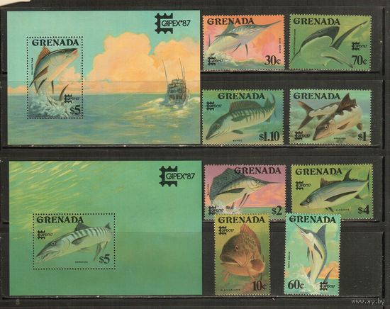 Гренада-1987(Мих.,1608-1615,БЛ.185-186) , **  , Морская  Фауна,Раковины (полная серия)