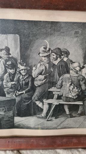 Картина гравюра ресторан бар охотники за столом .