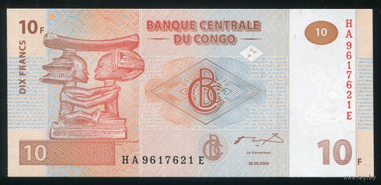 Конго 10 Франков 2003. P93. Серия HA. UNC